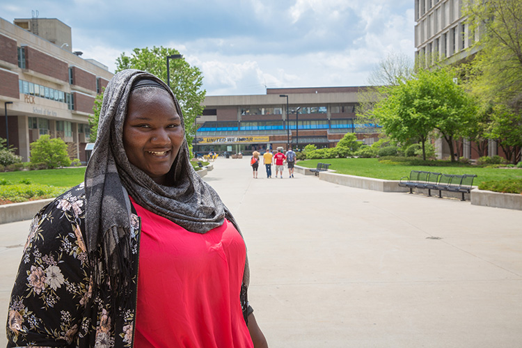 Jameelah A. Love stands near Spaights Plaza on the campus of UWM.