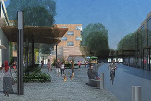 A rendering of a student’s plan shows a multi-use development with an outdoor plaza and coffee shop on property that is currently a surface parking lot in the corridor along Clybourn and Michigan streets in downtown Milwaukee.