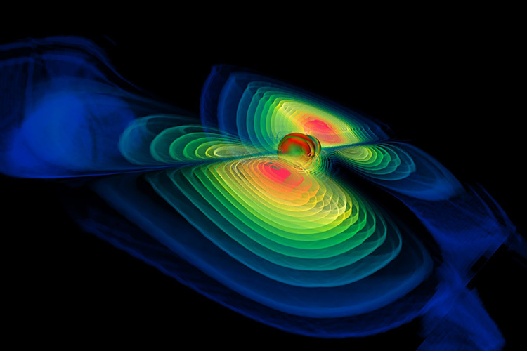 This rendering shows gravitational waves emanating from binary black holes as they merge.