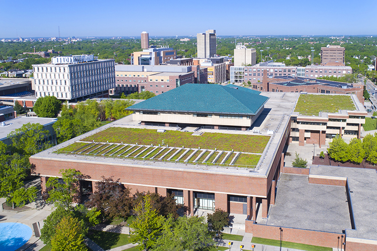 An aerial photo shows the roof of Golda Meir Library.