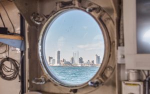 View of Milwaukee skyline from boat portal