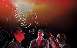 men pointing to math equation