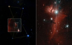 Two images of the sky show Orion and the Horsehead Nebula.