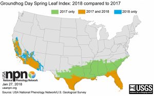 A map of the U.S. shows that spring is beginning in the south.