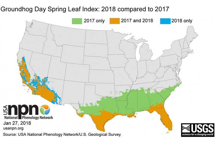 A map of the U.S. shows that spring is beginning in the south.