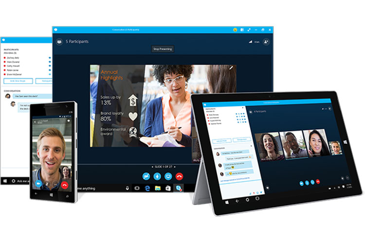 A skype video conversation displayed in a desktop browser window, on a tablet and on a smartphone