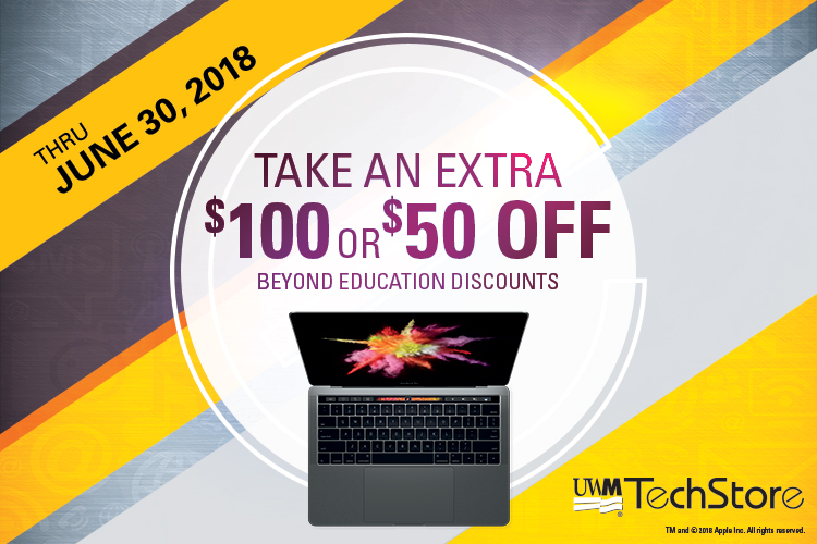 A laptop below the caption "June 30, 2018: Take an extra $100 or $50 off beyond education discounts."