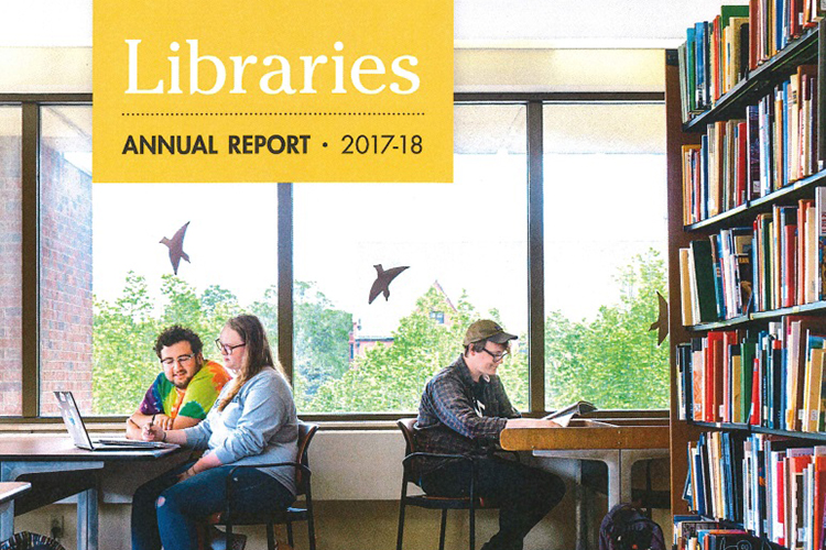 Three people sit at tables by a window. There's a bookcase to their right. There's a yellow rectangle in the upper left corner with the text "Libraries: Annual Report 2017-18."