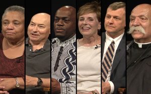 Six people are shown during interviews.