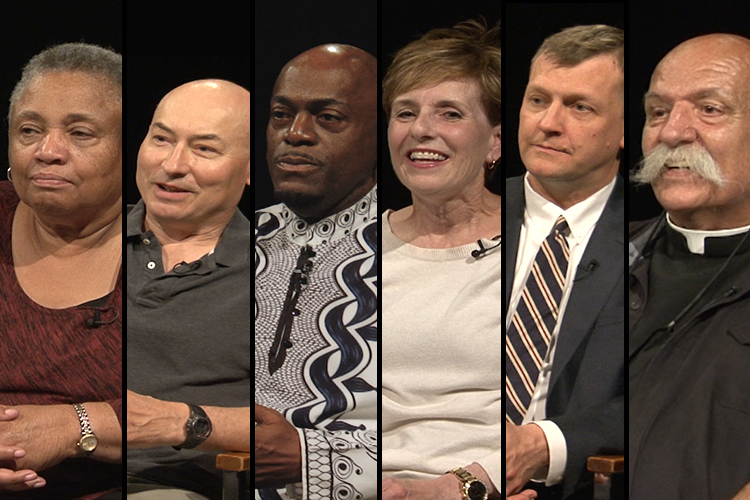 Six people are shown during interviews.