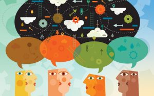 Illustration of four abstract women and speech bubbles