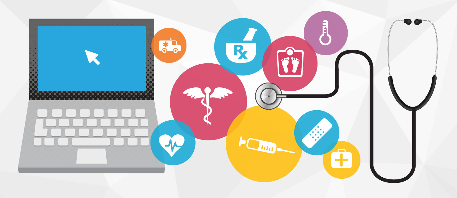 Graphic of computer with medical icons