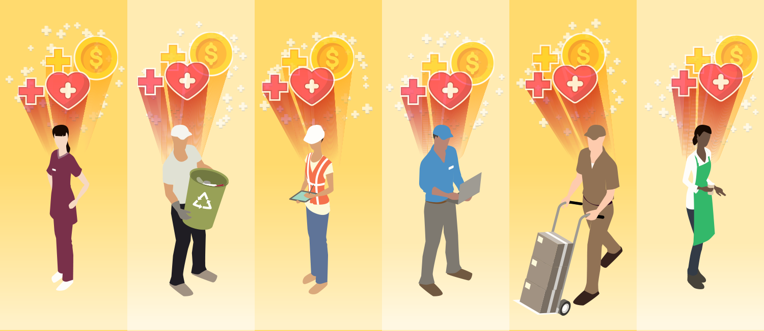 Illustration of different types of workers with heart and money signs above their heads