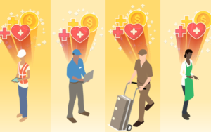 Illustration of different types of workers with heart and money signs above their heads