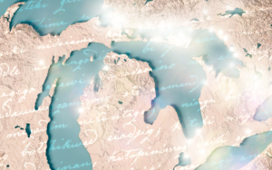An illustration of indigenous writing overlaid on a map of the Great Lakes