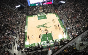 Overhead shot of Milwaukee Bucks basketball game
