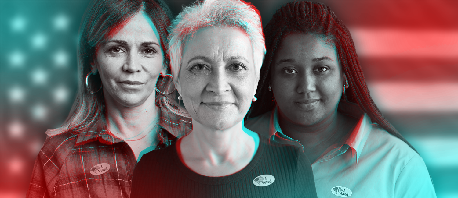 Photo illustration of three women against tinted background of American flag