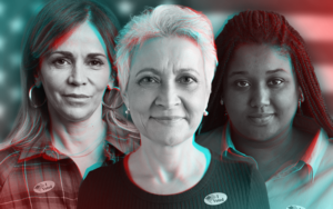Photo illustration of three women against tinted background of American flag