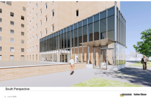 A rendering shows the new entrance to NWQ Building B.