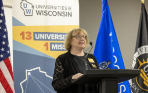 UWM Kim Litwack, dean of UWM's College of Health Professions and Sciences, speaks at the Nov. 14 event introducing a new tool to help build Wisconsin's health care workforce. (UWM Photo/Troye Fox)