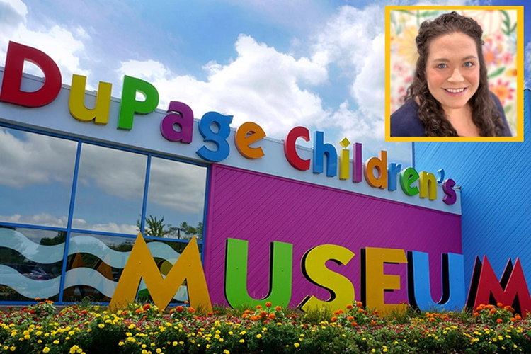 This composite image shows a headshot of a woman over a photo of the outside of the DuPage Children's Museum.