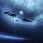 Two divers float just below a hole in the sea ice