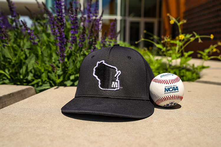 A black baseball cap sits on the ground next to a baseball in front of some purple flowers.