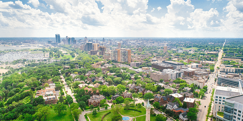 UWM Campus Aerial View with Campus and Downtown Milwaukee in background