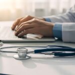 person in a white coat with their hands typing on a laptop and a clipboard and stethoscope on the desk next to them