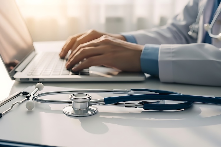 person in a white coat with their hands typing on a laptop and a clipboard and stethoscope on the desk next to them
