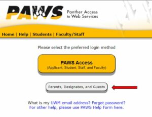 PAWS Landing Page - Click on Gray Parents, Designates, and Guests Button