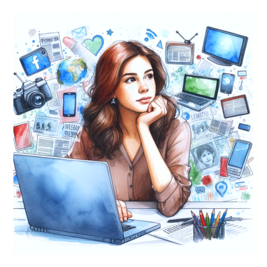 A young woman writing on her laptop, while being surrounded by streams of information