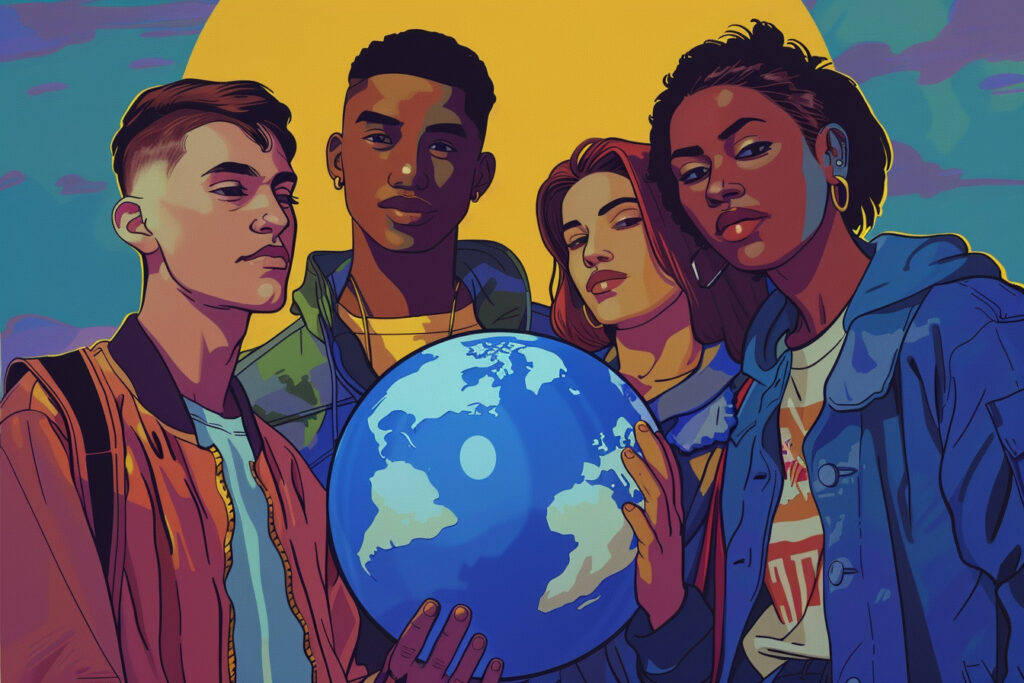 A group of college students holding a globe as imagined by the AI MidJourney