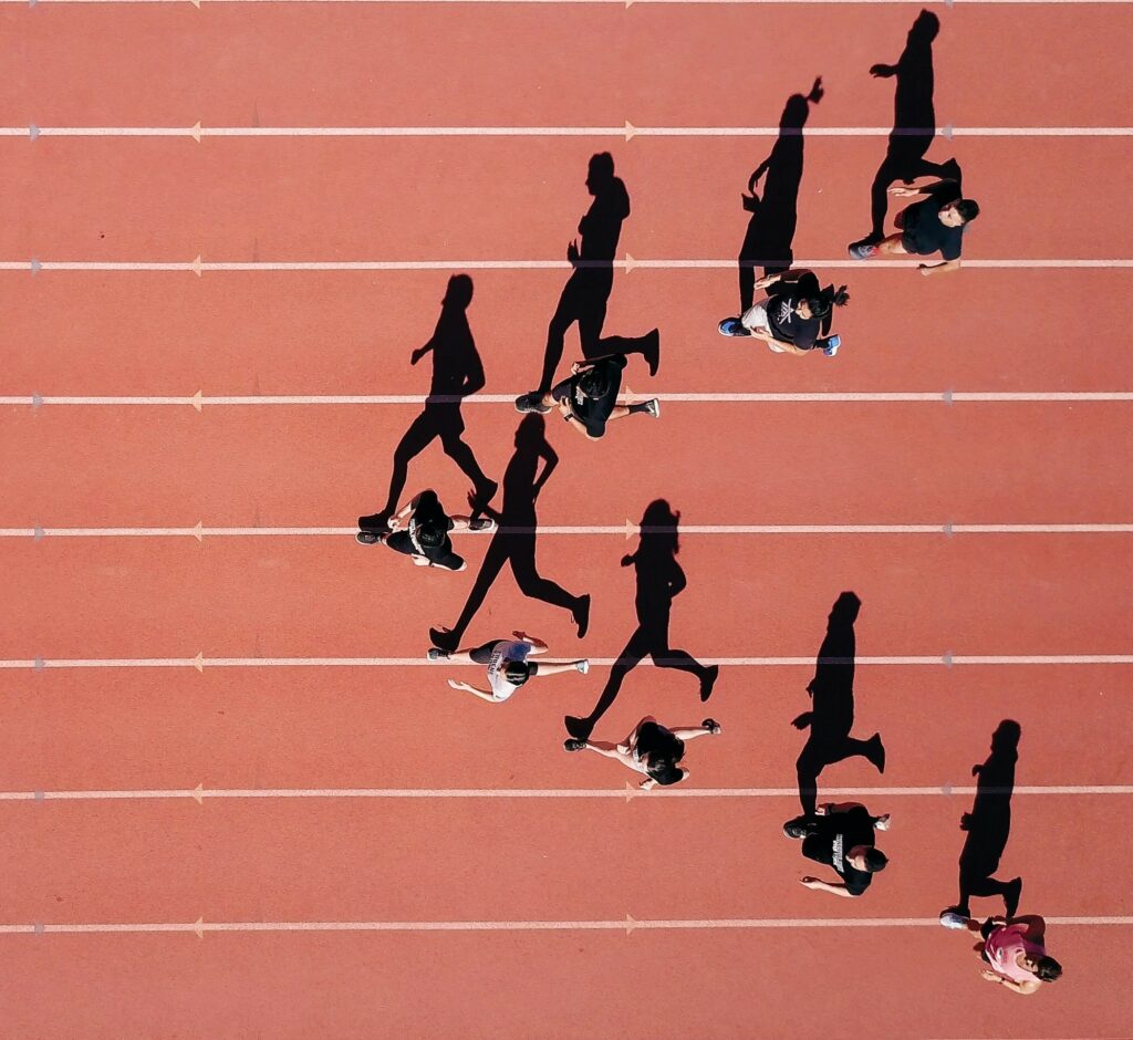 Overhead view of runners on track