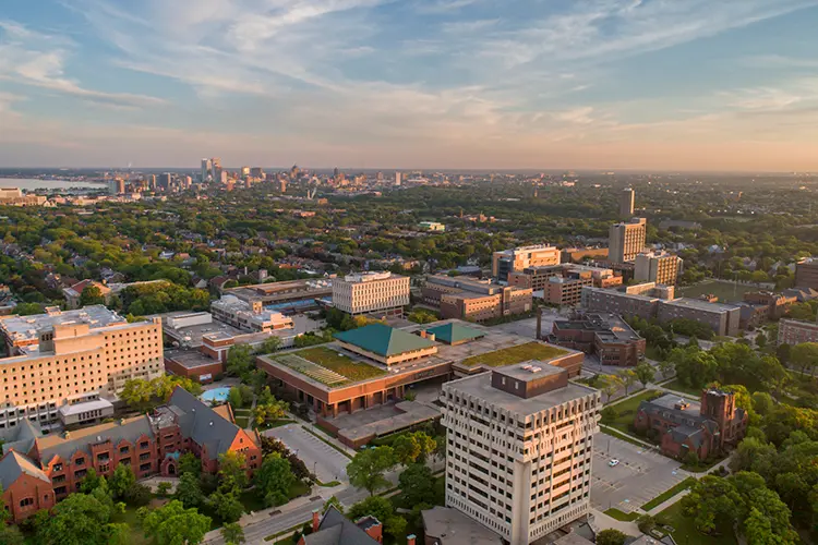 aerial view of UWM campus with Milwaukee in background