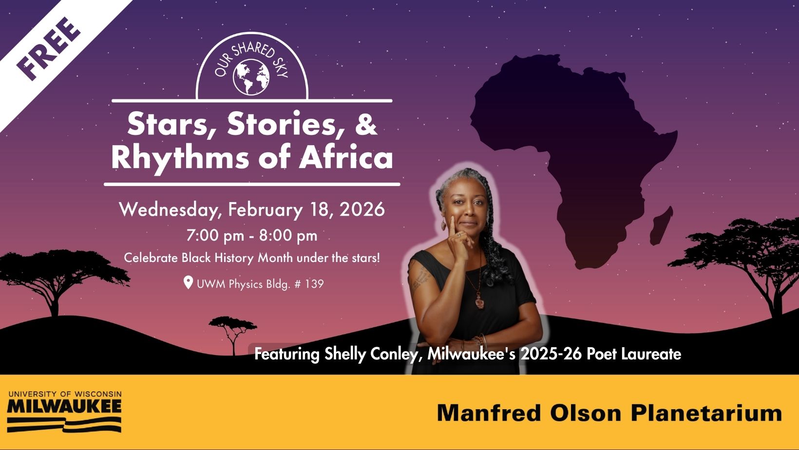 Stars, Stories, & Rhythms of Africa. Wednesday, February 18, 2026 from 7 - 8pm.