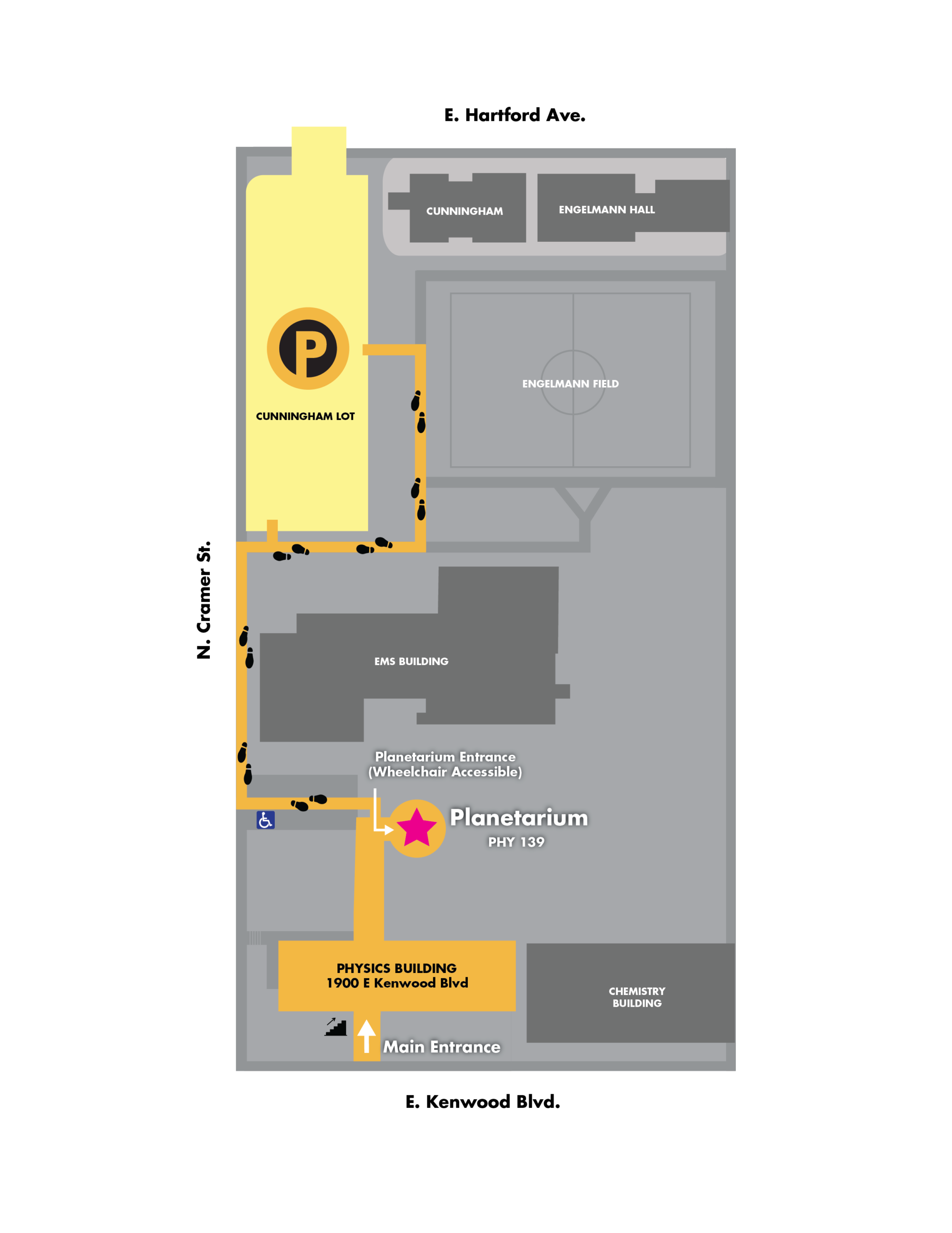 Map of Physics building, Planetarium, and surrounding buildings/streets