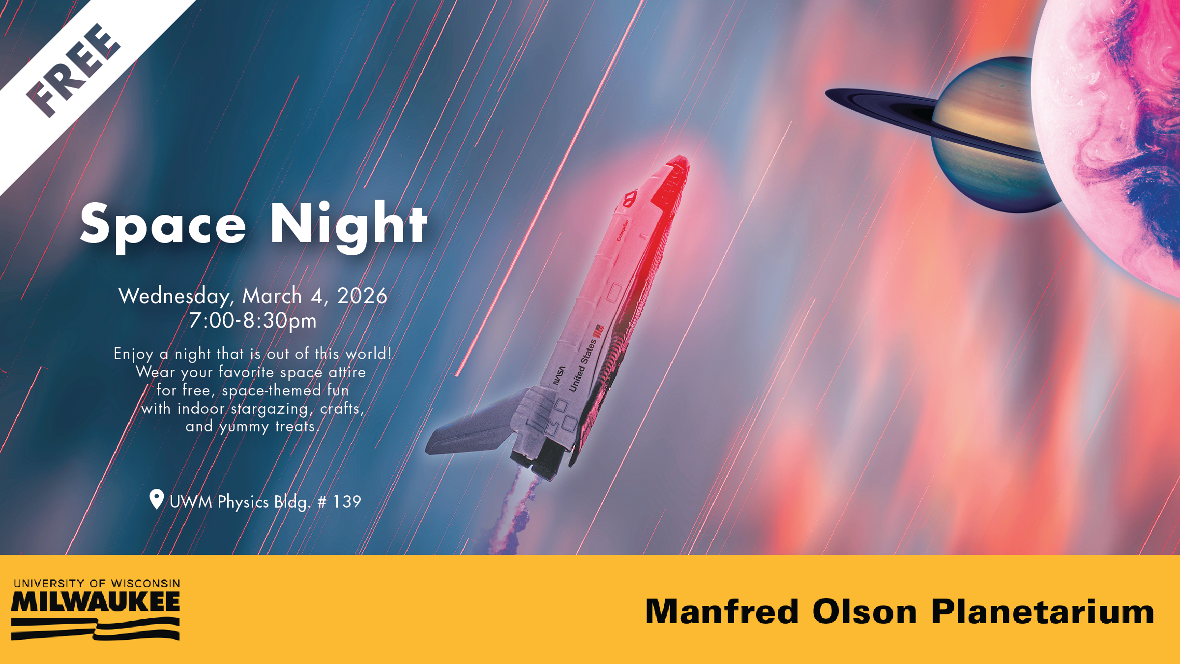 Space Night. Wednesday, March 4, 2026 from 7:00 - 8:30pm.