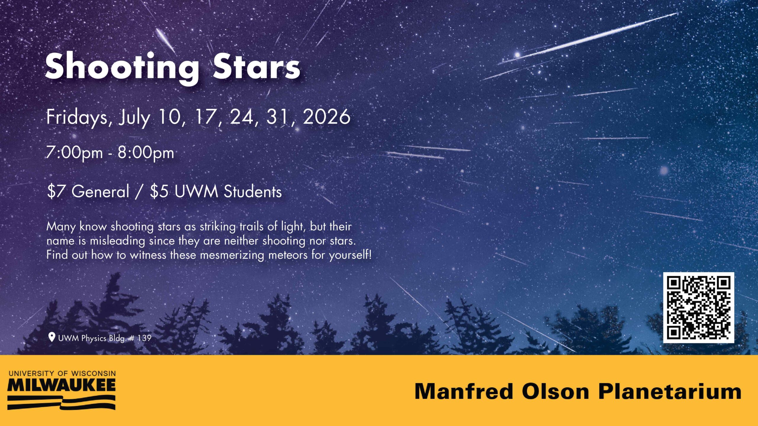 Shooting Stars. Fridays, July 10 - 31, 2026 from 7 - 8 pm.