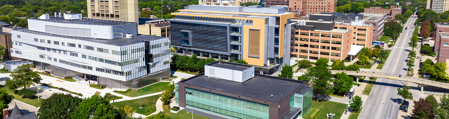 Aerial view of UWM's campus including the Chemistry building, Lubar Entrepreneurship Center and Kenwood Interdisciplinary Research Complex