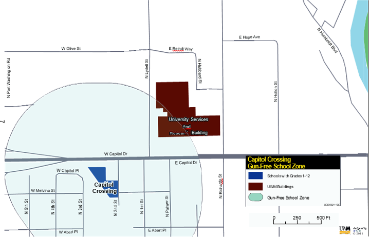 Map depicting the gun-free school zone surrounding Capitol Crossing located north of W. Capitol Drive and west of N. Port Washington Road, on the northwest side of Milwaukee