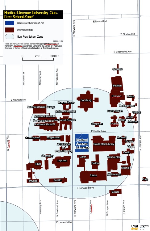 A map depicting the gun-free school zone surrounding UWM's campus on Hartford Avenue