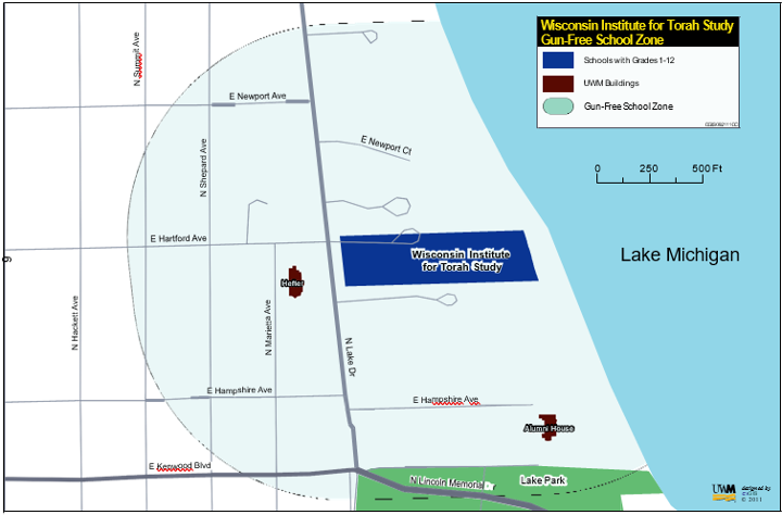 Map depicting the gun-free school zone surrounding the Wisconsin Institute for Torah study located near N. Summit Avenue and E. Hampshire Avenue, east of the UW-Milwaukee main campus and west of Lake Michigan. 