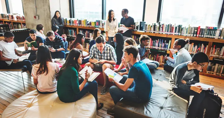 students gathered in library