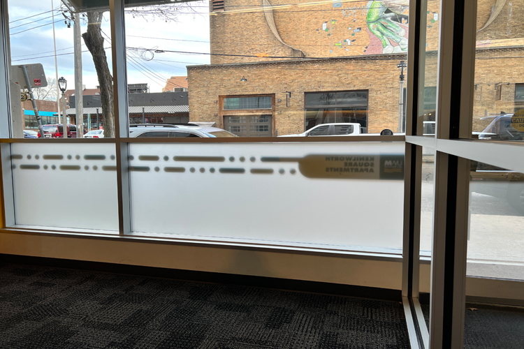 Kenilworth Square Apartment interior windows with frosted privacy film