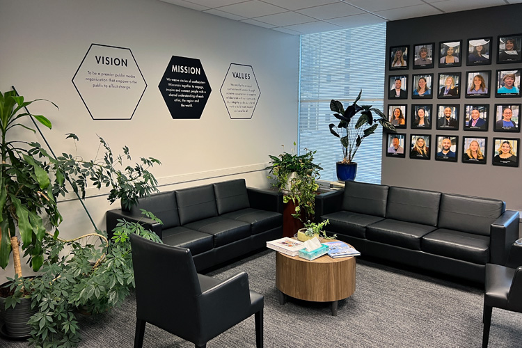 WUWM Vision, Mission, & Values statements created in cut vinyl and applied to walls.