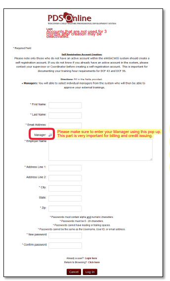 Screenshot of PDS Online self registration form.