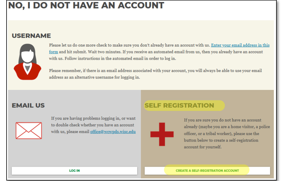Screenshot of the PDS system with the "Self Registration" links highlighted.
