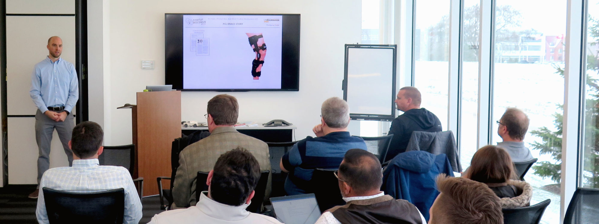 Image of Kyle Jansson giving a seminar on Product Development at the UWM Innovation Accelerator Building