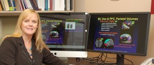 Lisdahl seated at a desk with dual monitors displaying research slides on MJ use and brain parietal volumes